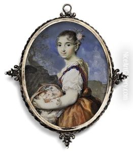A Fine Portrait Of A Young Lady With A Fruit Basket, In Burnt Orange Dress With Red And Blue Strap, White Underdress, Flowers Decorating Her Hair by Rosalba Carriera