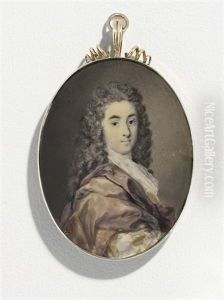 Thomas Harvey, In Plum Satin Mantle, Gold And Salmon Brocaded Silver Banyan, White Knotted Lace Cravat, Lightly Powdered Dark Curling Periwig Thomas Harvey, In Plum Satin Mantle, Gold And Salmon Brocaded Silver Banyan, White Knotted Lace Cravat, Lightly Powdered Dark Curling Periwig