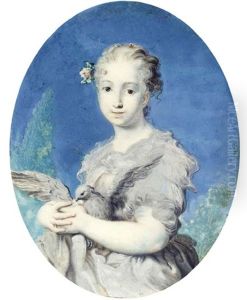 Self Portrait As Innocence, Holding A Dove In Her Arms, Grey Dress With Red Lined Grey Stole, White Flower And Foliage In Her Swept Back, Fair, Curling Hair by Rosalba Carriera