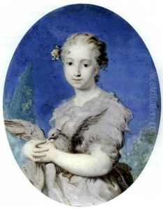 A Young Lady Dressed As Innocence, Holding A Dove In Her Arms, Grey Dress With Red Lined Grey Stole, White Flower And Foliage In Her Powdered Curling Hair by Rosalba Carriera