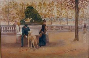Soldat, Elegante Et Son Chien Dans Un Parc by Louis Robert Carrier-Belleuse
