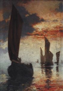 Bateaux Le Soir Au Soleil Couchant by Louis Robert Carrier-Belleuse