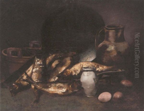 Fish, Eggs And Kitchen Implements On A Ledge - view 1