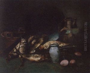 Mackerel, Eggs, A Water Jug, And A Pestle And Mortar On A Table by Louis Robert Carrier-Belleuse
