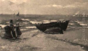 A Windy Beach Scene With A Fisherman And A Young Bretonne Woman by Louis Robert Carrier-Belleuse