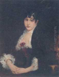 Portrait Of A Lady Wearing A Red Velvet Dress With A Lace Collar And A Rose Corsage