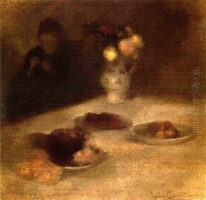 Interior With Woman Sewing by Eugene Carriere