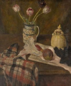 Still Life With Tulips In A Jug And A Portrait (verso) by Dora Carrington