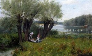 River Landscape With Children Seated On The Riverbank by James Yates Carrington