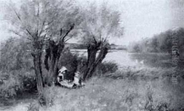 Two Young Girls By A Brook - view 1