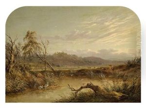 Swampy Landscape With Birds And Cattle by James Howe Carse