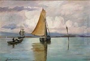 A Cloudy Day With Ships At Sea by Andreas Christian Riis Carstensen