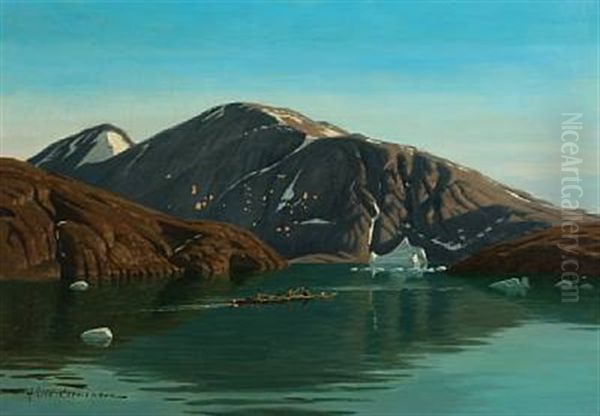 View Of A Greenlandic Fiord With Trappers In Their Kayaks - view 1