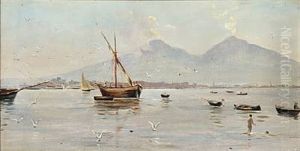 Coastal Scenery From South Europe, In The Background Two Volcanoes by Andreas Christian Riis Carstensen