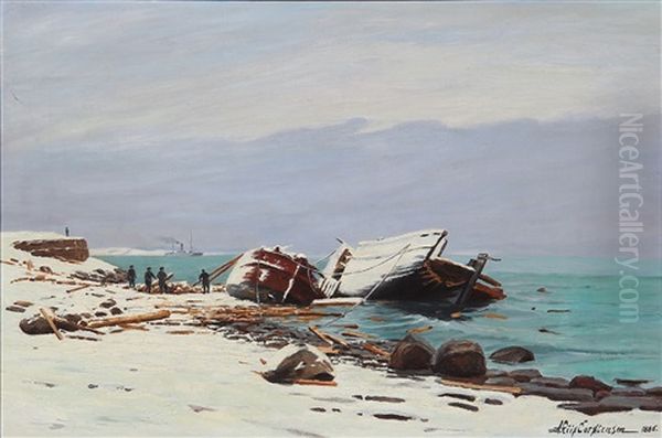 Coastal Scene With A Shipwreck On The Shore, Winter - view 1