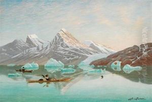 View Of A Greenlandic Fiord With Trappers In Their Kayaks Hunting Seals