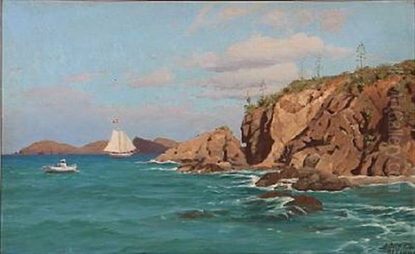 Sailing Ship And Rowboat Near A Rocky Coast At St. Thomas, The Virgin Islands - view 1
