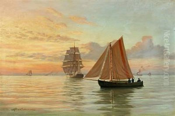 Seascape With Several Vessels In The Evening Sun - view 1