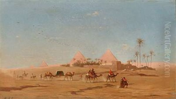 Bedouins On Their Camels Passing The Pyramids, Egypt - view 1