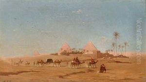 Bedouins On Their Camels Passing The Pyramids, Egypt by Andreas Christian Riis Carstensen