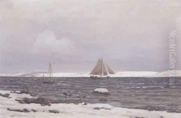 Fjordparti Med Fiskerbade, Vinter - view 1