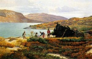 Fjordparti Med Gronlaendere Der Laver Bal Udenfor Deres Hytte