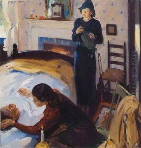 Woman With Hot Water Bottle Shocked By Condition Of Man In Bed (illus. For Possibly American Magazine)