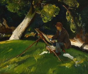 Artist At His Easel In A Wooded Landscape (sketch) by Pruett Carter
