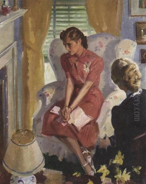 Seated Young Woman Upset By Letter, Older Lady Looking On - view 1