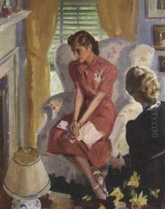 Seated Young Woman Upset By Letter, Older Lady Looking On by Pruett Carter