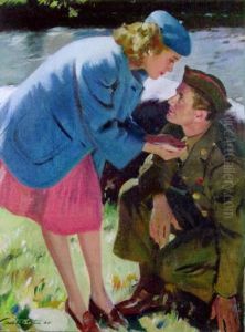 Young Woman Offering Soldier A Drink Of Water by Pruett Carter