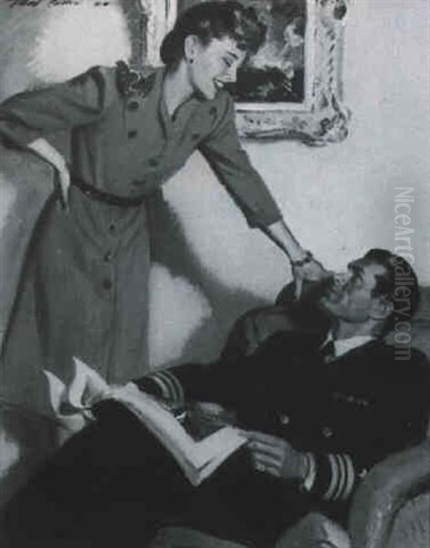 Standing Woman Speaking To Seated Military Man - view 1