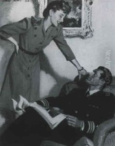 Standing Woman Speaking To Seated Military Man by Pruett Carter