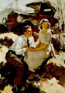 Couple Seated On Hillside By Car