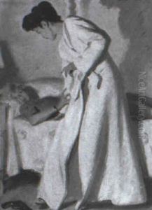 Woman Standing Over Girl Lying On Bed, Gun On Floor