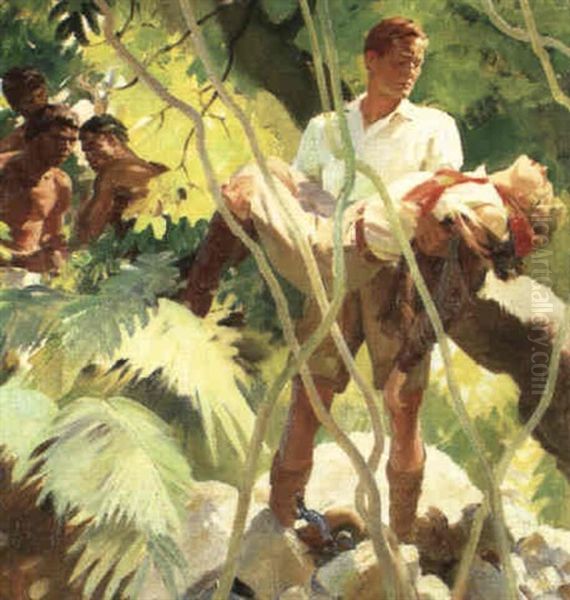 Man Carrying Fainted Woman, Natives In Background - view 1