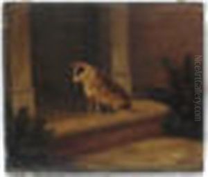 A Brindle Terrier Sat Patiently On Door Step