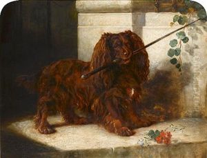 Waiting For Mistress - A Ruby Spaniel With A Cane by Samuel John Carter