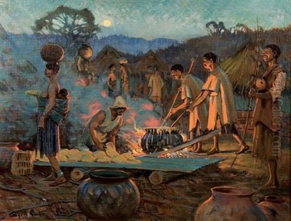 African Figures Around A Camp Fire - view 1