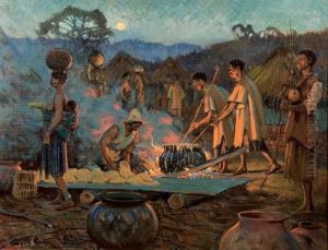 African Figures Around A Camp Fire