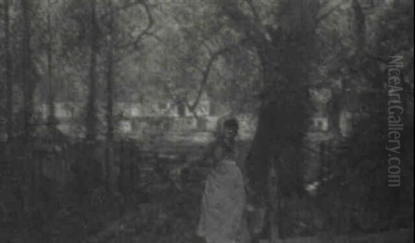 An Autumnal Woodland View With A Young Girl Fetching Water - view 1