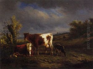 Cattle And A Goat Grazing In A Meadow by Karl Cartier