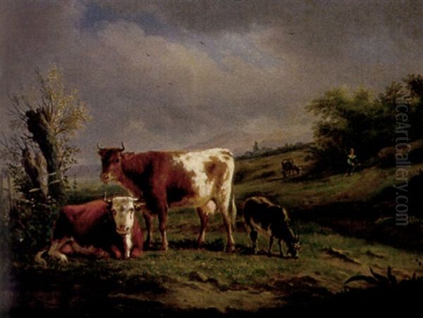 Weidelandschaft Mit Huterjunge Und Kuhen Am Hag - view 1