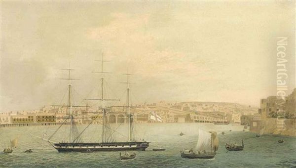 A Sixth Rate, Thought To Be H.m.s. Talbot, 28-guns, Lying On A Mooring In Grand Harbour, Valetta, Malta - view 1