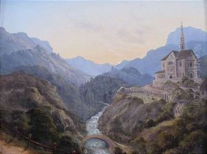 Abendliche Gebirgslandschaft Mit Flusstal Und Klosteranlage by Carl Gustav Carus