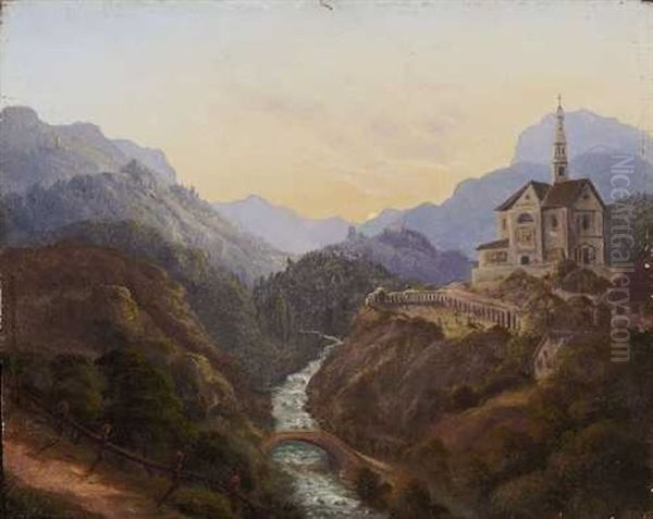Abendliche Gebirgslandschaft Mit Einer Kirche Auf Einer Anhohe Uber Dem Bach - view 1