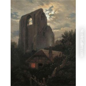 Ruine Eldena Mit Hutte Bei Greifswald Im Mondschein (ruins Of The Eldena Monastery, Greifswald) by Carl Gustav Carus