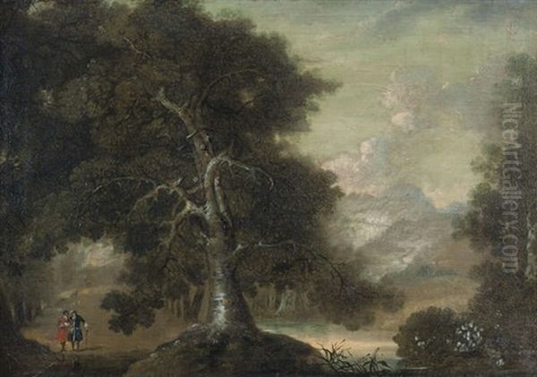 A Mountainous Wooded Landscape With Figures And Deer - view 1