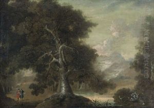 A Mountainous Wooded Landscape With Figures And Deer by Richard Carver