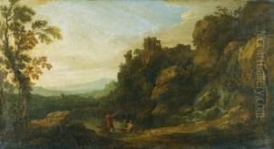 A Rocky Landscape With Three Fisherman By A Lake, A Ruined Castle On An Outcrop Beyond A Rocky Landscape With Three Fisherman By A Lake, A Ruined Castle On An Outcrop Beyond